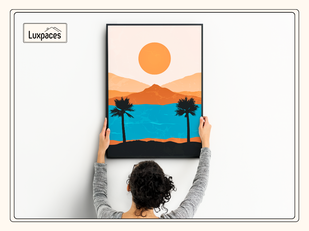 Ultimate Guide to Creating A Budget Friendly Gallery Wall 4 Sunset beach landscape wall art with mountains and palm tree – by Luxpaces
